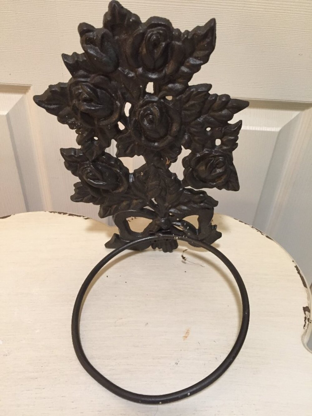 Vintage Cast Iron Flower Pot Holder Floral Design Quality 10" Tall 6.5" Opening